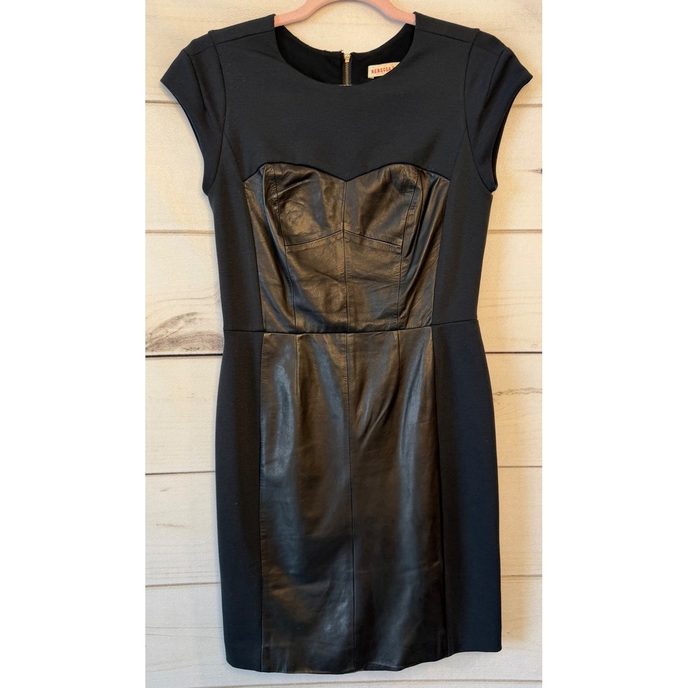 Rebecca Taylor Black Lamb Leather Ponte Cap Sleeve Sheath Dress 4